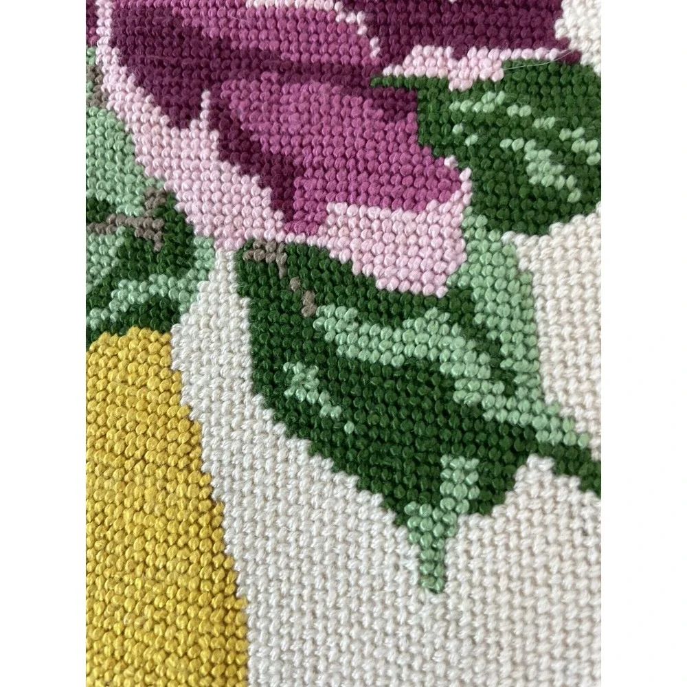 Vintage Needlepoint  13x13 Completed Unframed Pink Roses in Gold Vase‎